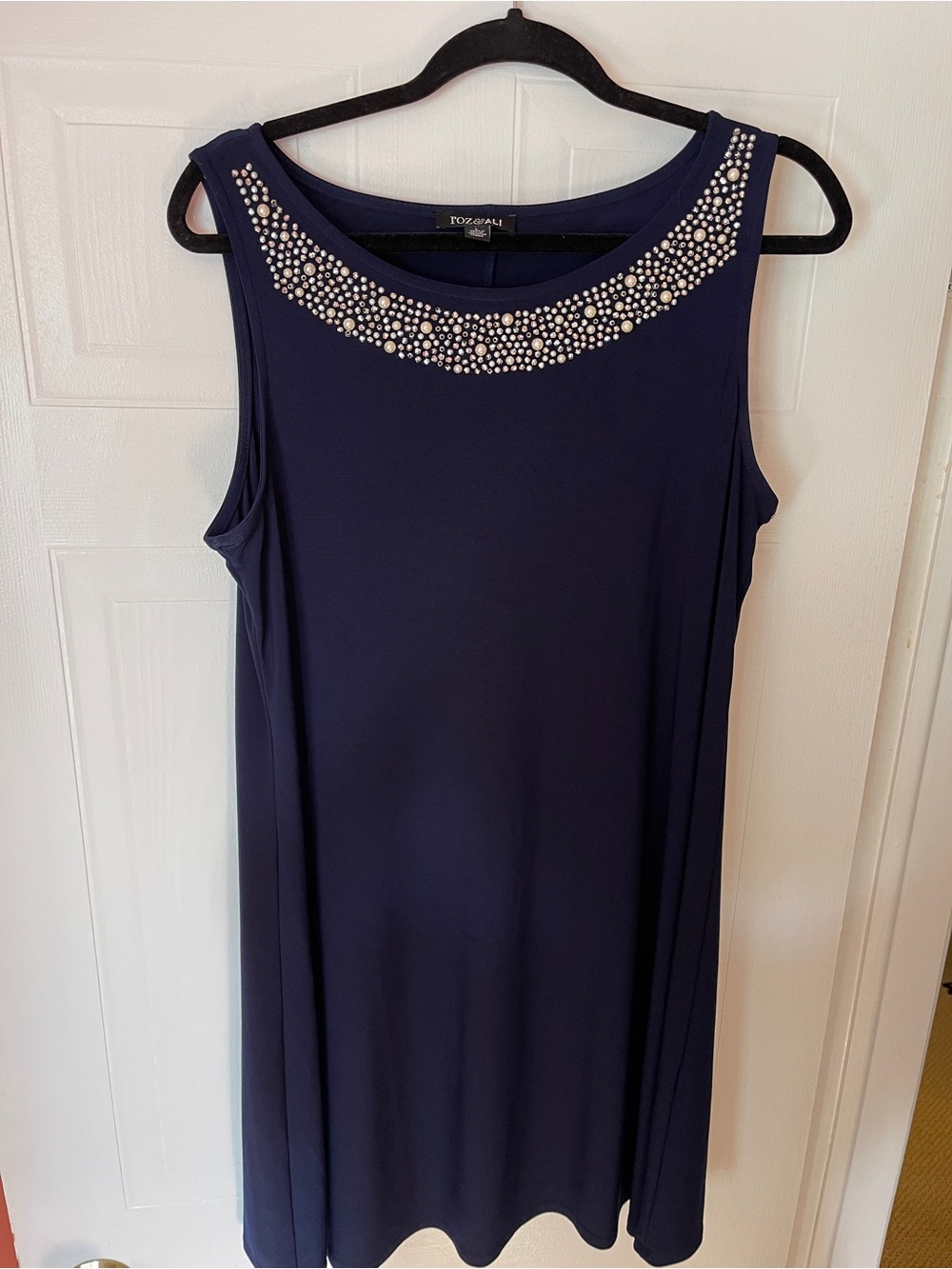 Roz & Ali Navy Pearl and Rhinestone Embellished Neckline Dress
